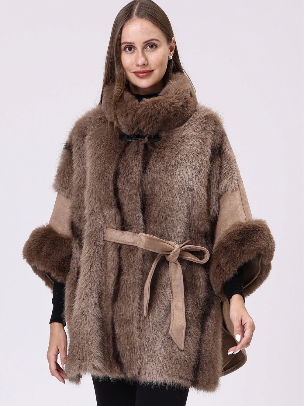 Women's Brown Faux Fur Belted Cape Sweater